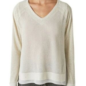 Lucky Brand Cream V-Neck Sweater with Cable-Knit Sleeves